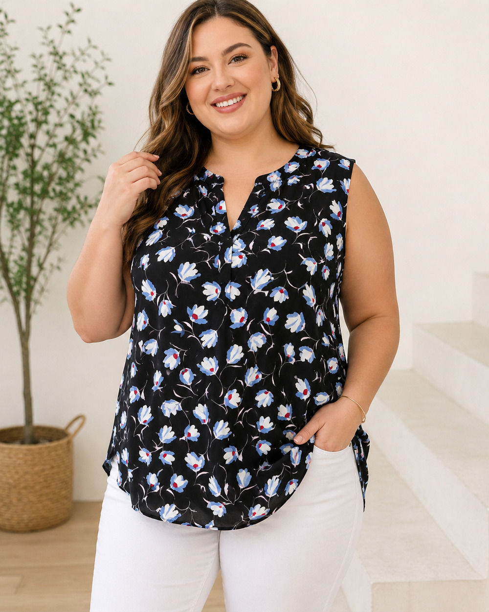 Torrid Plus Floral Sleeveless Top Black Blue White Colorful Blouse Flowy Top 3X